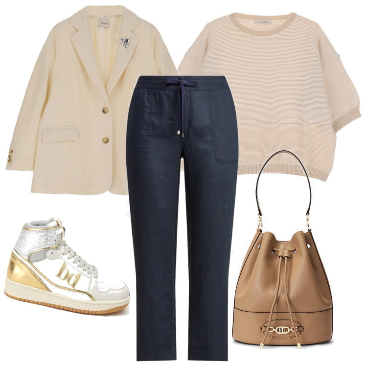 Outfit donna - Le sneakers alte. Stile Casual chic per Tutti i giorni. Abbinamento con t-shirt, sneakers alte, giacche, borse a secchiello, pantaloni.