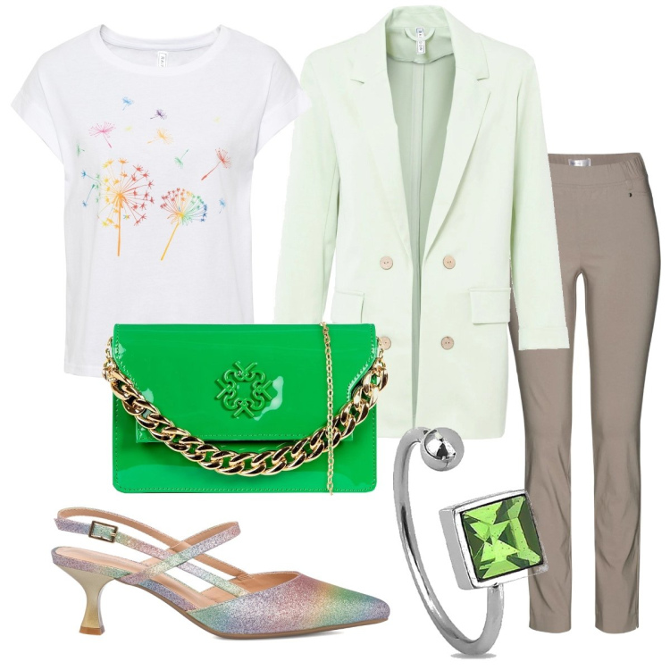 Outfit donna - Le décolleté arcobaleno. Stile Bon Ton per Tutti i giorni. Abbinamento con pantaloni, t-shirt, blazer, pochette, anelli, décolleté.
