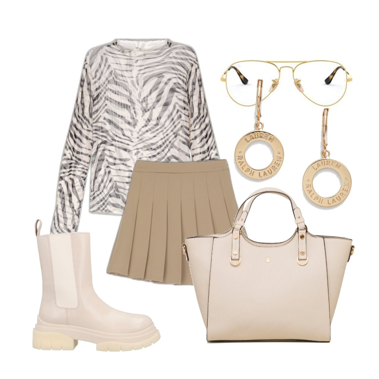 Outfit donna - Gioco di trasparenze. Stile Trendy per Tutti i giorni. Abbinamento con stivaletti, maglieria, minigonne, orecchini, borse a mano, occhiali da sole.