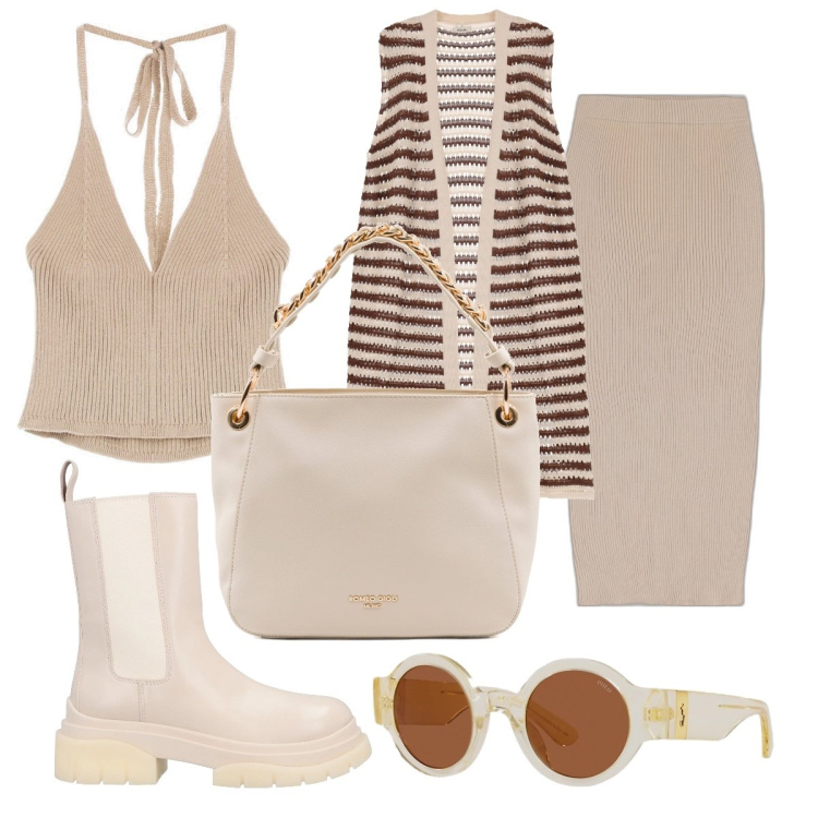 Outfit donna - Tono su tono per darti tono. Stile Trendy per Tutti i giorni. look ideale per Tall. Abbinamento con stivaletti, gonne longuette, top, cardigans, occhiali da sole, borse a spalla.