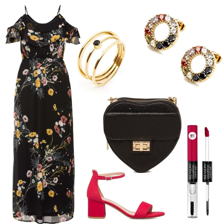 Outfit donna - Total look #1604872. Stile Romantica per Serata fuori. Abbinamento con vestiti lunghi, orecchini, anelli, sandali in pelle, borse a tracolla, rossetti.