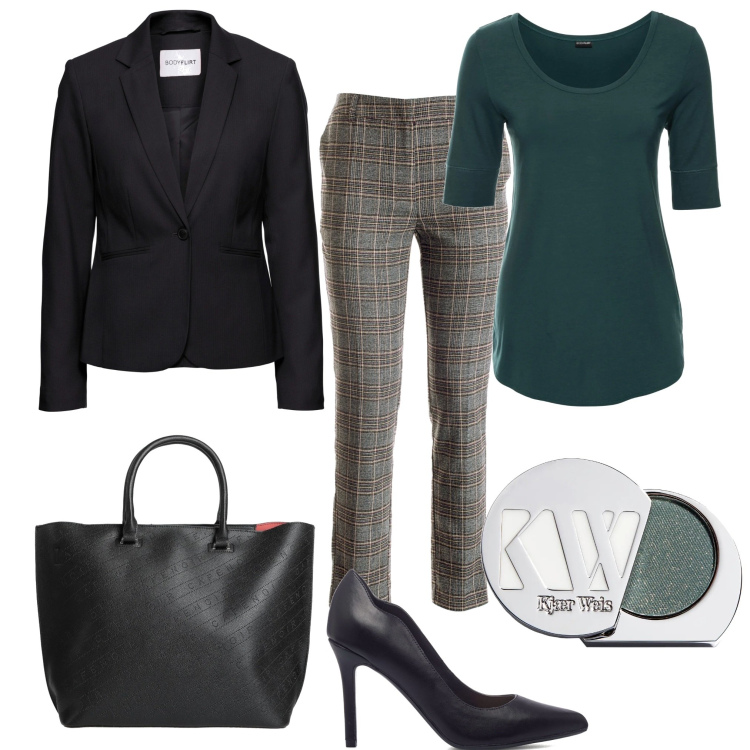Outfit donna - Cafè noir. Stile Chic per Ufficio. Abbinamento con blazer, maglieria, borse a mano, pantaloni, décolleté, ombretti.