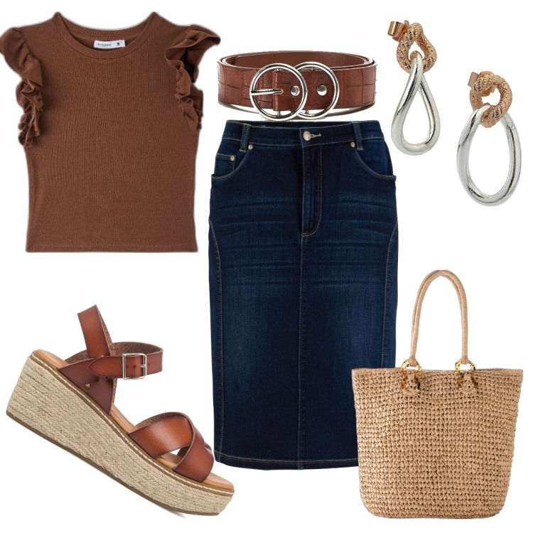 Outfit donna - Jeans e cuoio. Stile Basic per Tutti i giorni. Abbinamento con gonne, shopping bag, t-shirt, cinture, orecchini, sandali col tacco.