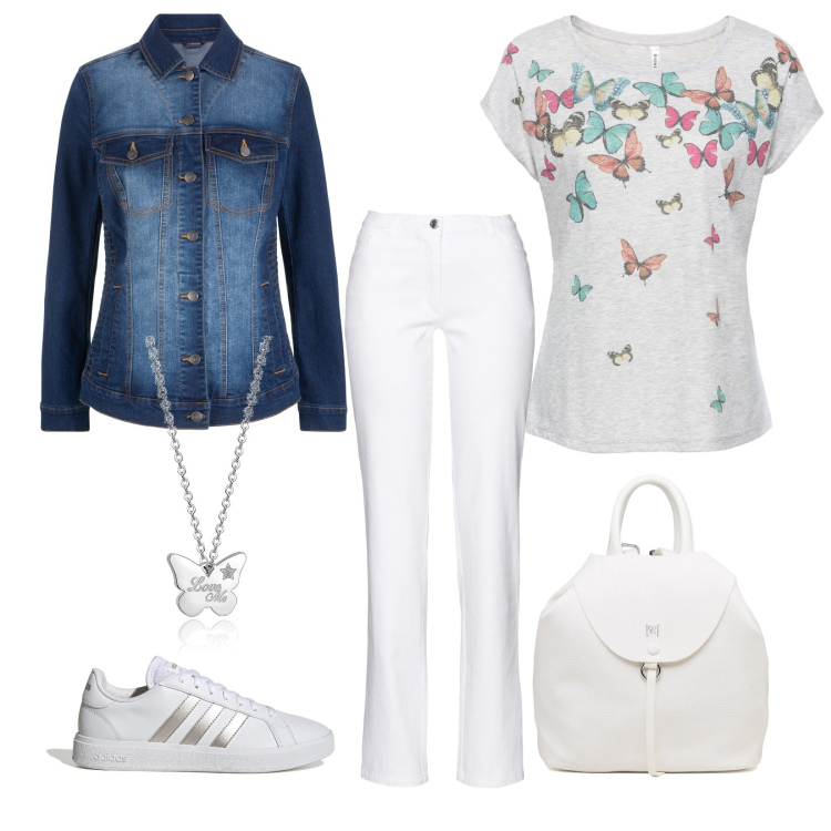 Outfit donna - Farfallina. Stile Romantica per Tutti i giorni. Abbinamento con maglieria, pantaloni, giacche, collane, sneakers, zaini.