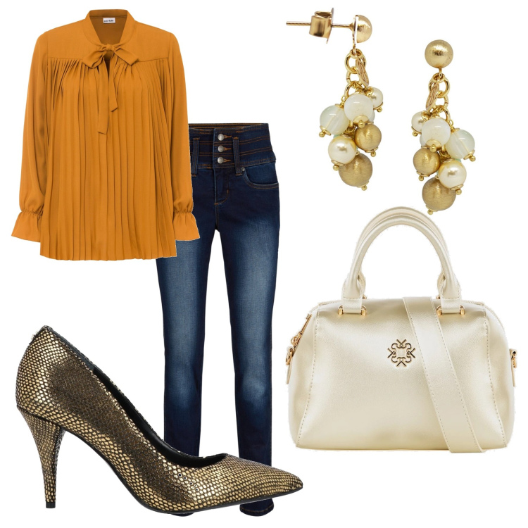 Outfit donna - Total look #1605086. Stile Romantica per Serata fuori. Abbinamento con décolleté, jeans, bluse, orecchini, borse a mano.