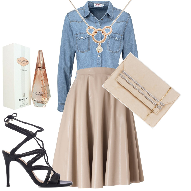 Outfit donna - Ange ou Demon. Stile Trendy per Tutti i giorni. look ideale per Tall. Abbinamento con camicie, pochette, gonne longuette, collane, sandali alla schiava, profumi.