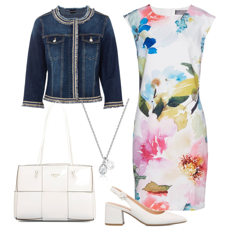 Outfit donna - Abito a fiori. Stile Casual per Tutti i giorni. Abbinamento con blazer, vestiti a tubino, collane, décolleté, borse a spalla.