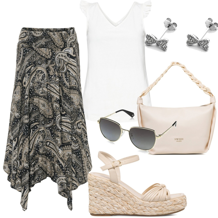 Outfit donna - Total look #1605362. Stile Casual per Tutti i giorni. Abbinamento con gonne longuette, top, orecchini, sandali col tacco, borse a mano, occhiali da sole.