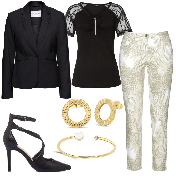 Outfit donna - Total look #1605382. Stile Casual per Ufficio. Abbinamento con blazer, maglieria, pantaloni, orecchini, braccialetti, décolleté.