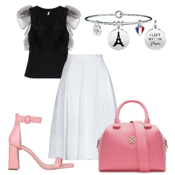 Outfit donna - Total look #1605487. Stile Bon Ton per Serata fuori. Abbinamento con sandali col tacco, gonne longuette, borse a mano, canottiere, braccialetti.