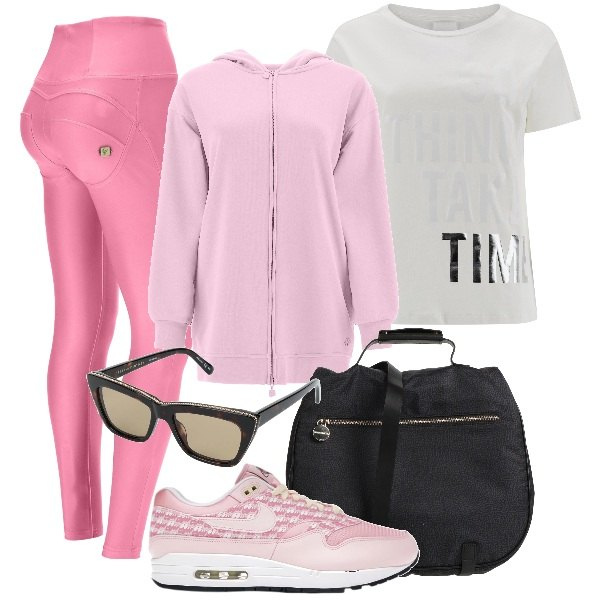 Outfit donna - W la mamma. Stile Sporty chic per Tutti i giorni. Abbinamento con sneakers, borse a mano, occhiali da sole, pantaloni skinny, t-shirt, felpe con cappuccio.