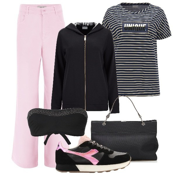 Outfit donna - Curvy mum. Stile Sporty chic per Tutti i giorni. Abbinamento con sneakers, borse a mano, reggiseni, felpe con cappuccio, jeans, t-shirt.