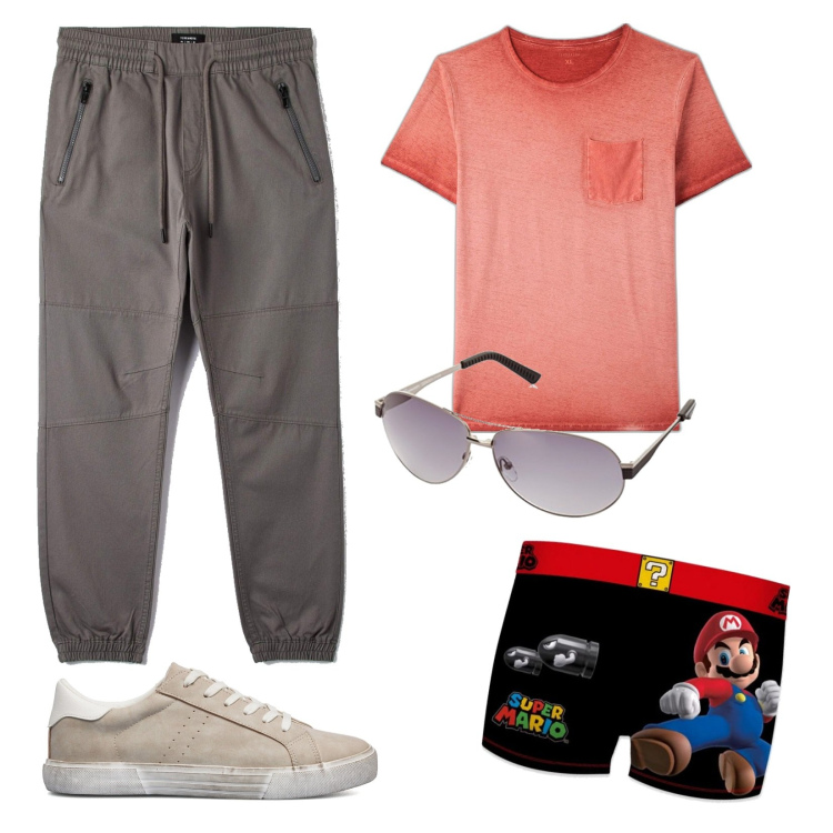 Outfit uomo - Jogger pants. Stile Urban per Tutti i giorni. Abbinamento con t-shirt, pantaloni, sneakers, occhiali da sole, boxer.