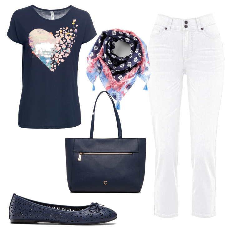 Outfit donna - Ballerina traforata. Stile Basic per Tutti i giorni. Abbinamento con ballerine, jeans slim fit, foulard, t-shirt, borse a spalla.