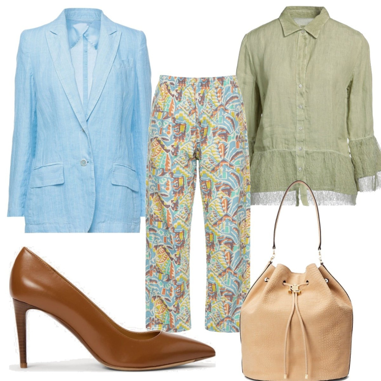 Outfit donna - Total look #1605542. Stile Trendy per Cerimonia. Abbinamento con blazer, camicie, décolleté, borse a secchiello, pantaloni.