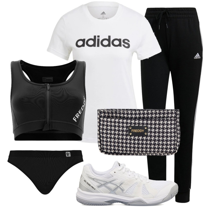 Outfit donna - Total look #1605558. Stile Sporty chic per Sport. Abbinamento con perizomi, portafogli, reggiseni, pantaloni, t-shirt, scarpe sportive.