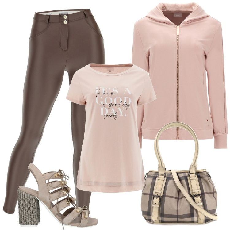 Outfit donna - Festa della mamma fuori porta. Stile Sporty chic per Tutti i giorni. Abbinamento con sandali in pelle, borse a spalla, pantaloni skinny, t-shirt, felpe con cappuccio.