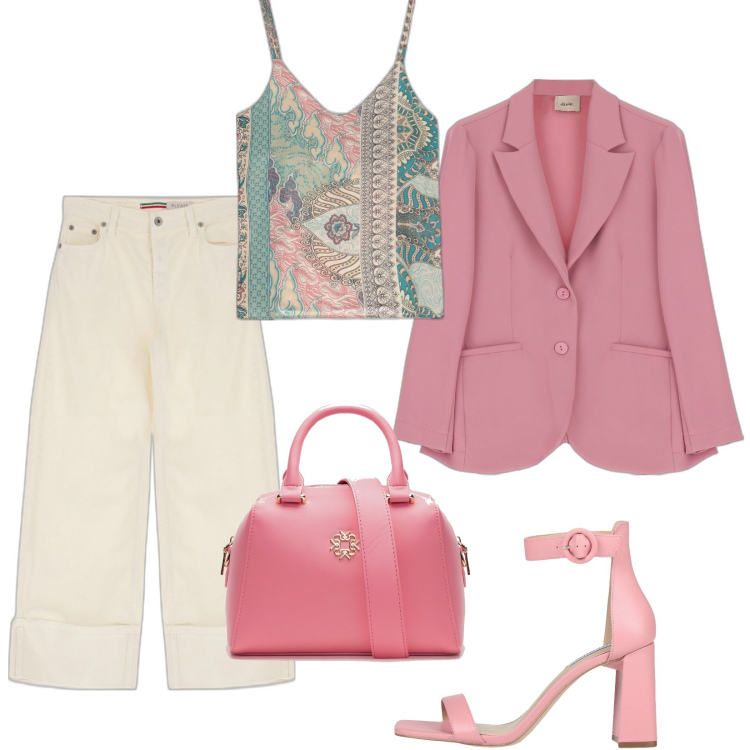 Outfit donna - Bella di sera e di giorno. Stile Casual chic per Serata fuori. Abbinamento con sandali col tacco, pantaloni a palazzo, borse a mano, giacche, canottiere.