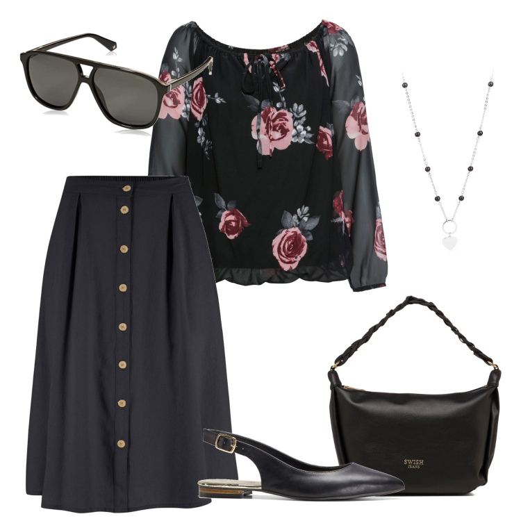 Outfit donna - Easy II. Stile Casual per Tutti i giorni. Abbinamento con gonne longuette, bluse, ballerine, collane, borse a mano, occhiali da sole.