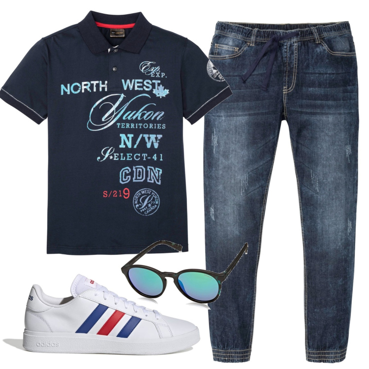 Outfit uomo - Polo. Stile Casual per Tutti i giorni. Abbinamento con polo, jeans slim fit, sneakers, occhiali da sole.