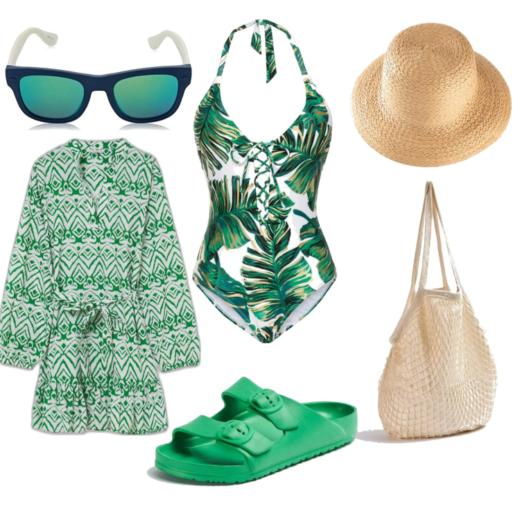 Outfit donna - Al mare. Stile Boho per Mare. Abbinamento con felpe, costumi interi, sandali in pelle, borse a spalla, vestiti corti, occhiali da sole.