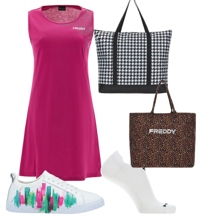 Outfit donna - Oggi comoda e sprint. Stile Sporty chic per Tutti i giorni. look ideale per Petite. Abbinamento con sneakers, calzini, vestiti senza maniche, borse tote, borse tote.