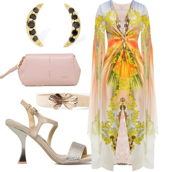 Outfit donna - l\'invitata perfetta. Stile Romantica per Cerimonia. Abbinamento con cinture, vestiti lunghi, sandali gioiello, clutch, orecchini.