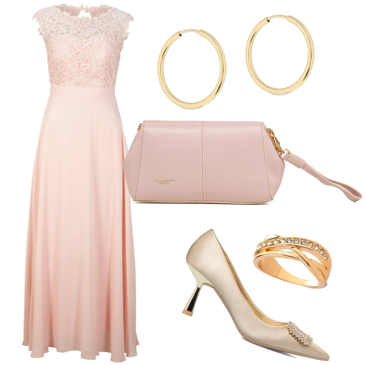 Outfit donna - Pretty in pink. Stile Chic per Cerimonia. Abbinamento con vestiti lunghi, anelli, décolleté, clutch, orecchini.