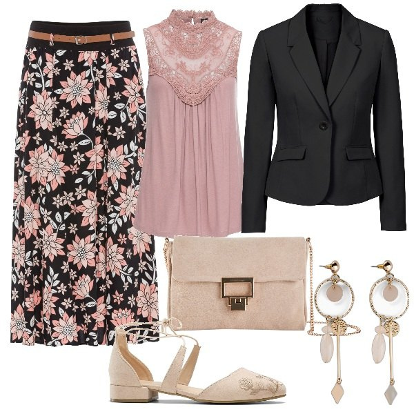 Outfit donna - Battesimo. Stile Romantica per Cerimonia. Abbinamento con top, orecchini, gonne lunghe, décolleté, blazer, pochette.