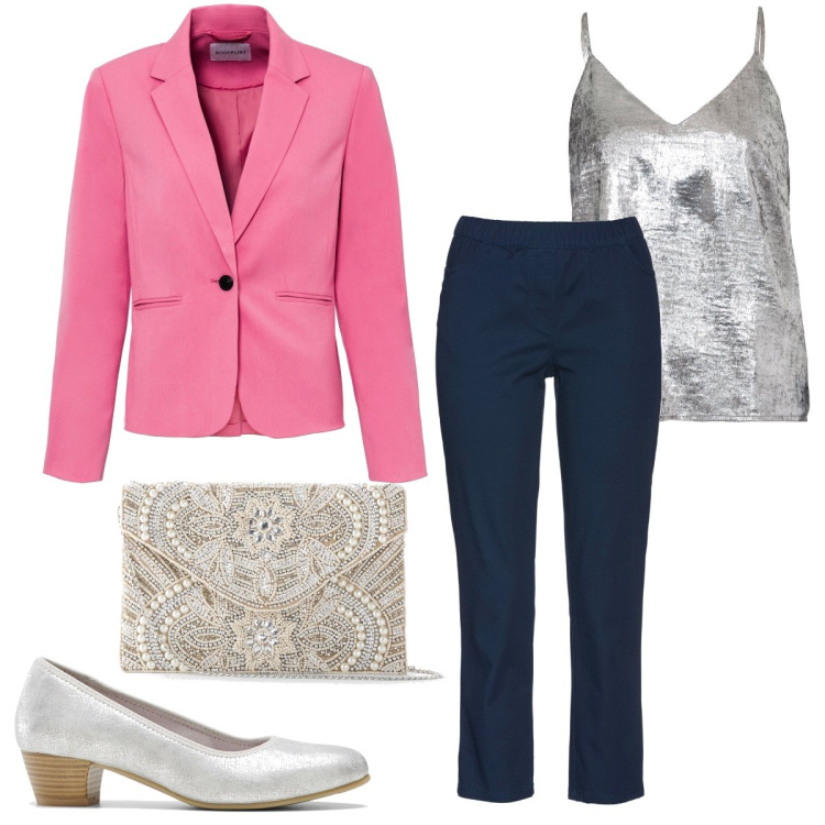 Outfit donna - Un’occasione speciale. Stile Bon Ton per Cerimonia. Abbinamento con pantaloni, pochette, top, blazer, décolleté.