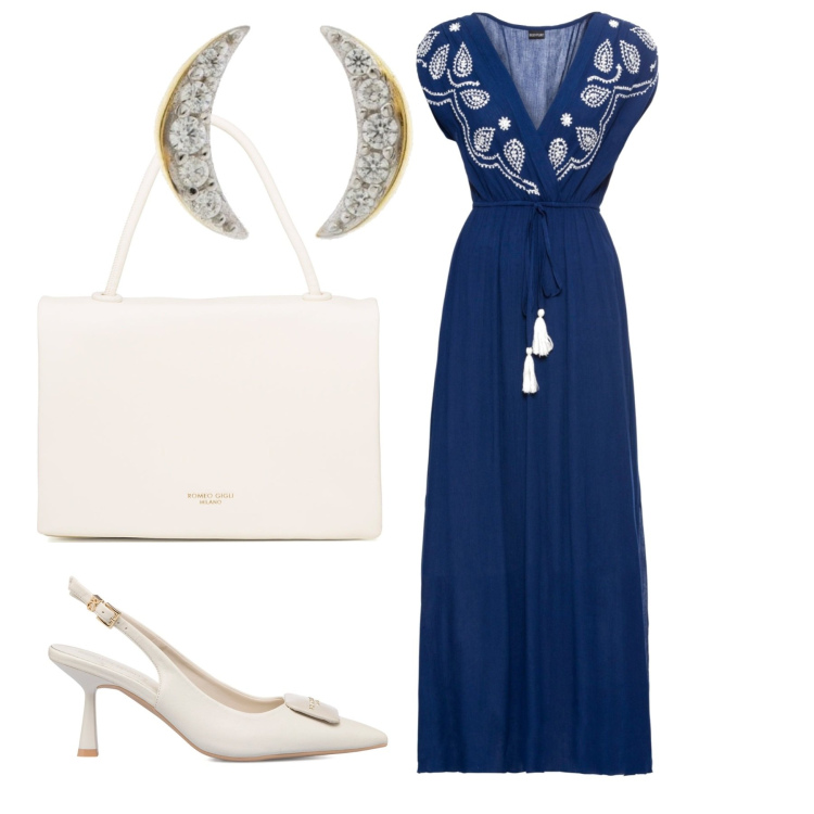 Outfit donna - L\'abito blu per la cerimonia. Stile Basic per Cerimonia. Abbinamento con vestiti lunghi, décolleté, borse a mano, orecchini.