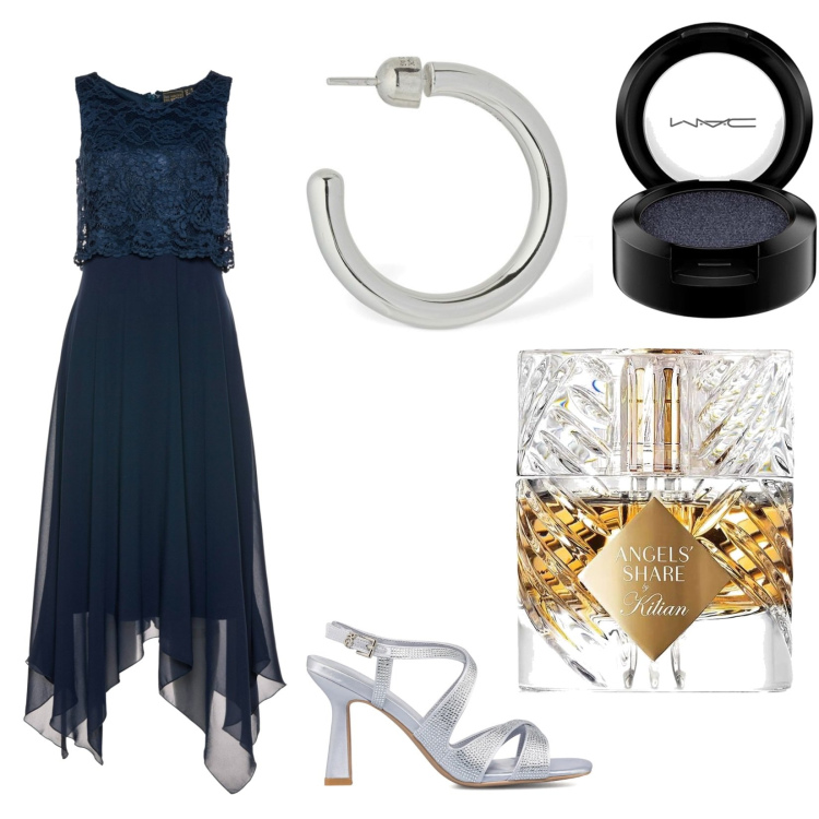Outfit donna - Sera. Stile Glamour per Cerimonia. Abbinamento con vestiti midi/longuette, sandali gioiello, profumi, orecchini, ombretti.