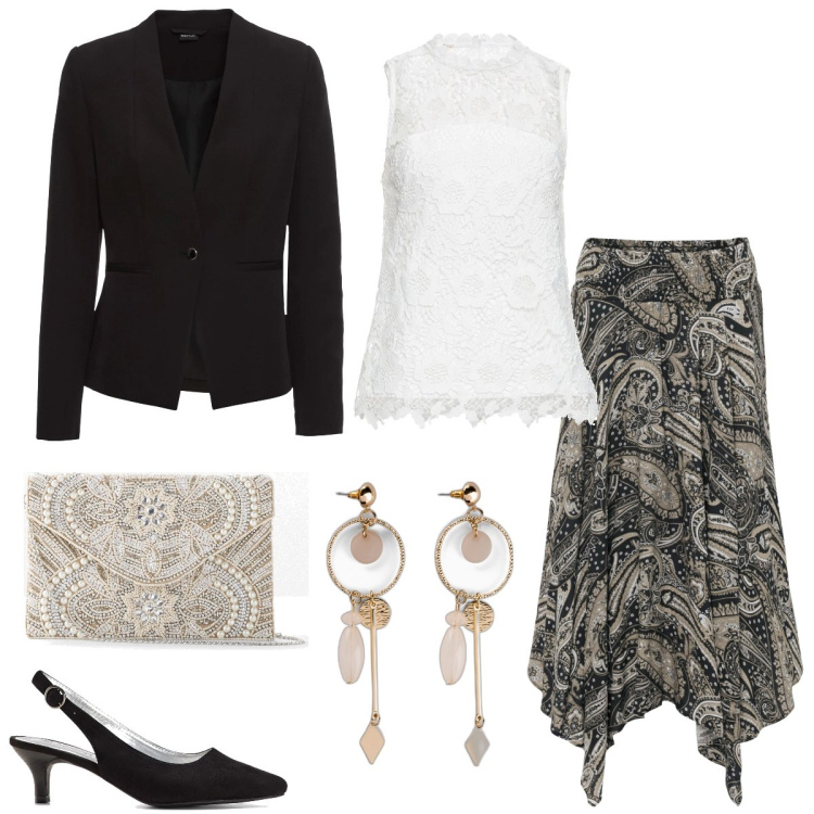 Outfit donna - Total look #1606400. Stile Chic per Cerimonia. Abbinamento con gonne longuette, blazer, pochette, orecchini, top, décolleté.