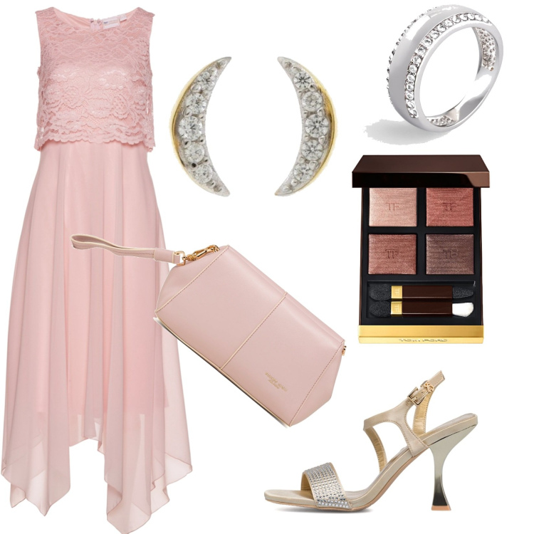 Outfit donna - Cerimonia estiva. Stile Chic per Cerimonia. Abbinamento con vestiti midi/longuette, anelli, sandali gioiello, clutch, ombretti, orecchini.