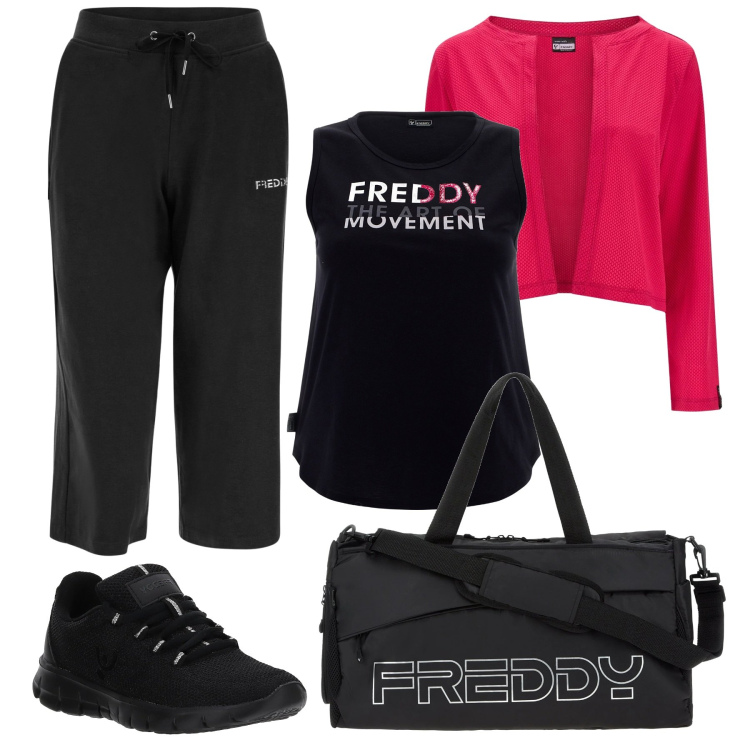 Outfit donna - Borsone in regalo. Stile Basic per Sport. Abbinamento con borse sportive, pantaloni a palazzo, canottiere, blazer, sneakers.