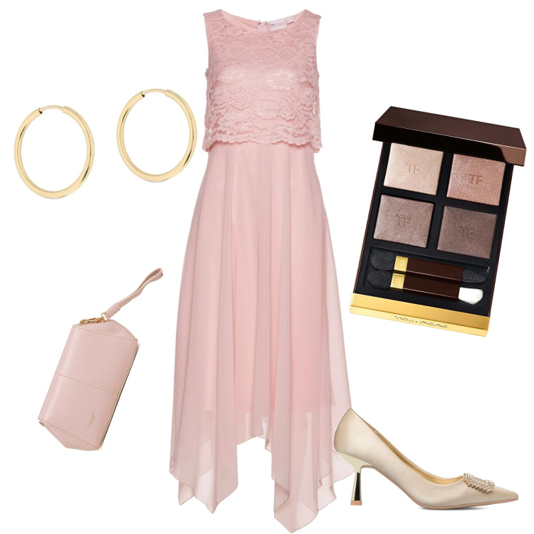 Outfit donna - Cerimonia in rosa. Stile Romantica per Cerimonia. Abbinamento con vestiti midi/longuette, décolleté, clutch, ombretti, orecchini.