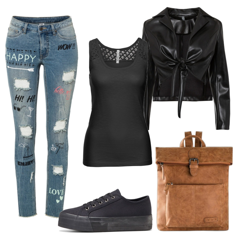 Outfit donna - Jeans rock in regalo. Stile Rock per Tutti i giorni. Abbinamento con top, zaini, sneakers, jeans skinny, giacche.