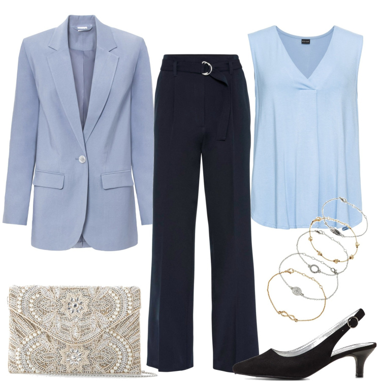 Outfit donna - Eleganza senza tempo. Stile Chic per Cerimonia. Abbinamento con top, pochette, braccialetti con ciondoli, pantaloni, blazer, décolleté.