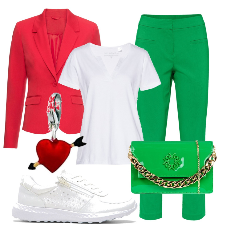 Outfit donna - I love Italy. Stile Casual chic per Tutti i giorni. Abbinamento con sneakers, pantaloni, t-shirt, blazer, pochette, ciondoli.