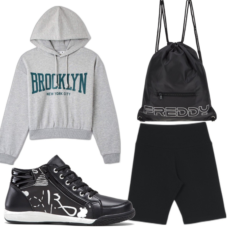 Outfit donna - Total look #1606685. Stile Basic per Sport. Abbinamento con sneakers alte, felpe con cappuccio, pantaloni corti, zaini.