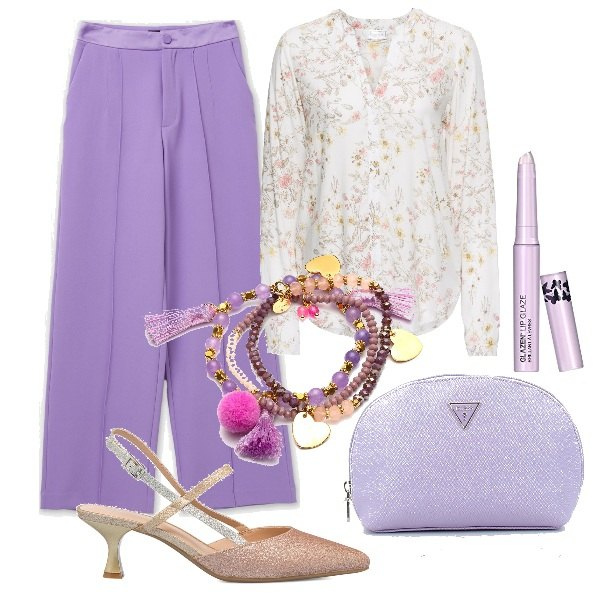 Outfit donna - Battesimo. Stile Chic per Cerimonia. Abbinamento con camicie, braccialetti, pantaloni a palazzo, pochette, décolleté, gloss.