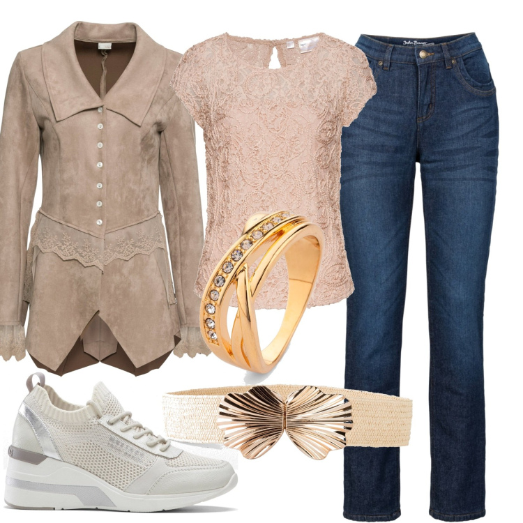Outfit donna - Pomeriggio al parco. Stile Casual chic per Tutti i giorni. Abbinamento con sneakers, cinture, maglieria, blazer, jeans dritti, anelli.