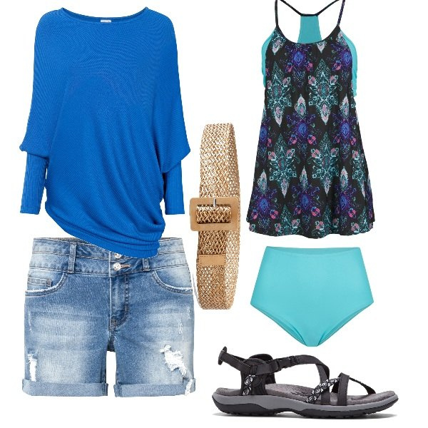 Outfit donna - Giornata al mare. Stile Trendy per Mare. Abbinamento con sandali, maglieria, costumi interi, shorts, cinture.