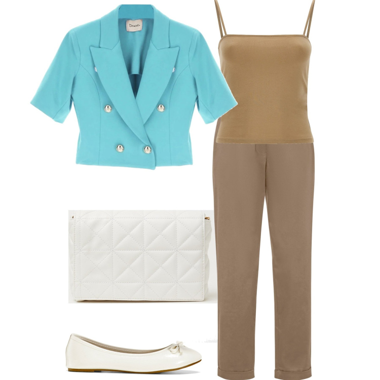Outfit donna - Al lavoro. Stile Casual chic per Ufficio. Abbinamento con ballerine, pantaloni, borse a spalla, canottiere, giacche.