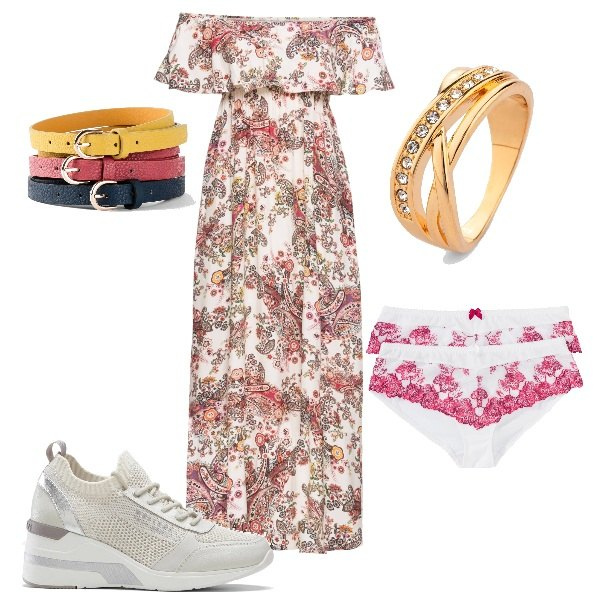Outfit donna - Romantica. Stile Romantica per Cerimonia. Abbinamento con vestiti lunghi, sneakers, cinture, culotte, anelli.