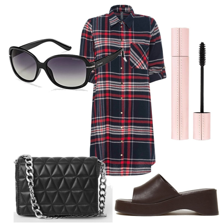 Outfit donna - Total look #1606835. Stile Trendy per Tutti i giorni. Abbinamento con vestiti chemisier, ciabatte, borse a spalla, mascara, occhiali da sole.