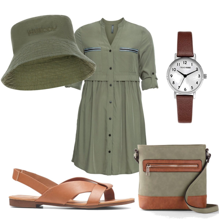 Outfit donna - Total look #1606853. Stile Military per Tutti i giorni. Abbinamento con vestiti chemisier, sandali, borse a tracolla, cappelli, orologi.