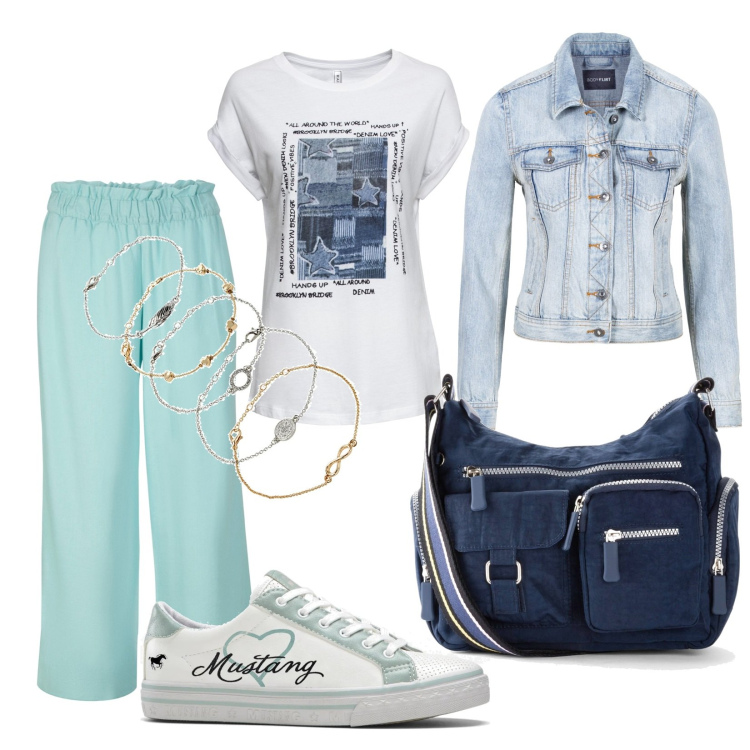 Outfit donna - Un outfit dedicato alle mamme by BonPrix. Stile Casual per Tutti i giorni. Abbinamento con braccialetti con ciondoli, borse a tracolla, maglieria, pantaloni capri, sneakers, giacche sportive.