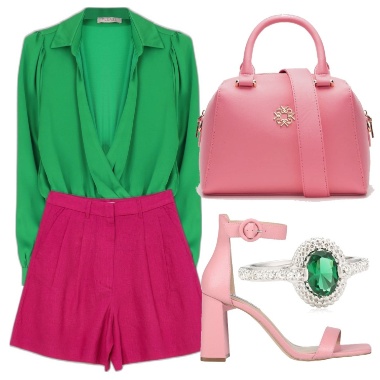 Outfit donna - Total look #1606893. Stile Casual chic per Tutti i giorni. Abbinamento con sandali col tacco, bluse, borse a mano, bermuda, anelli.