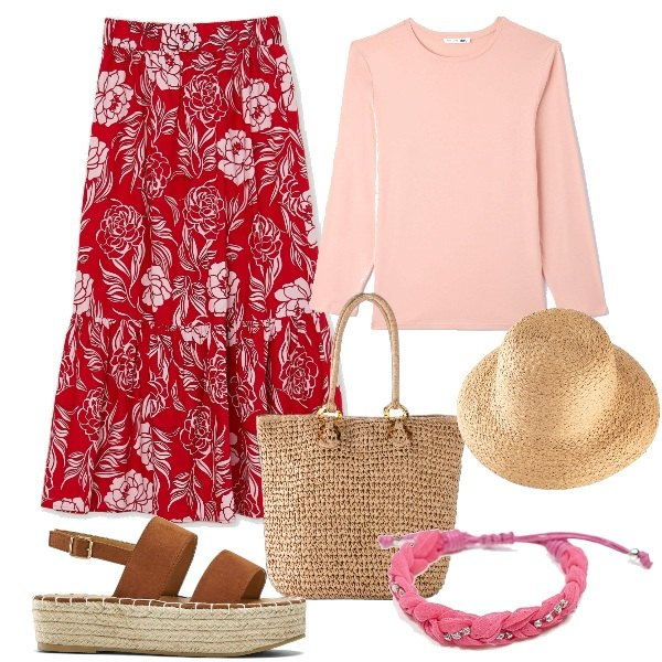 Outfit donna - Boho. Stile Boho per Tutti i giorni. Abbinamento con felpe, sandali, shopping bag, t-shirt, gonne lunghe, braccialetti.